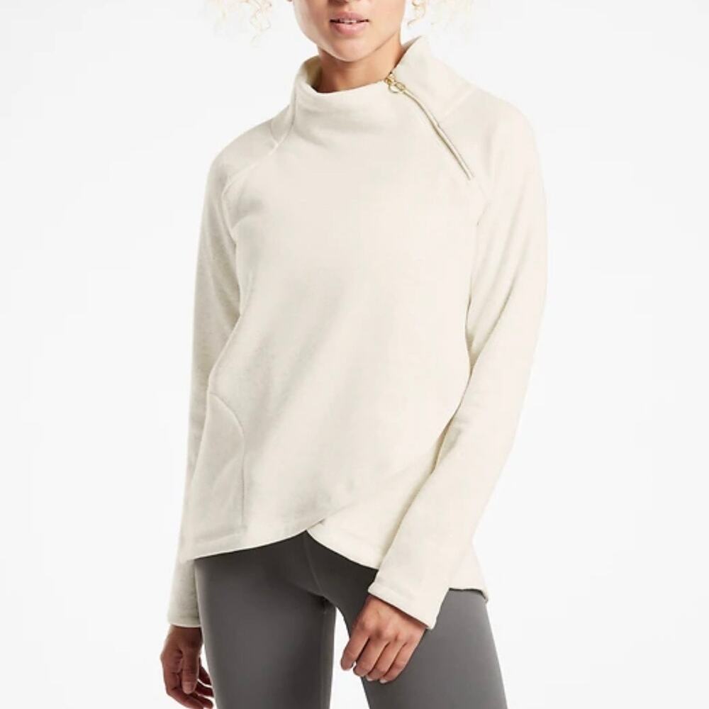 Athleta Cozy Karma Off-white Asymmetrical Zip Funnel-Neck Sweatshirt Sz L